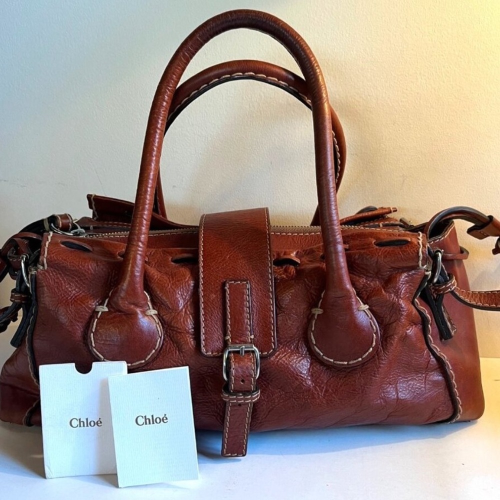 Chloe Grande Satchel Shoulder Bag Cognac Color Leather Travel Bag
